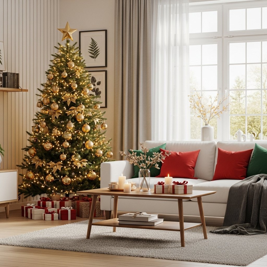 Cozy Christmas home decor with lights, garlands and tree
