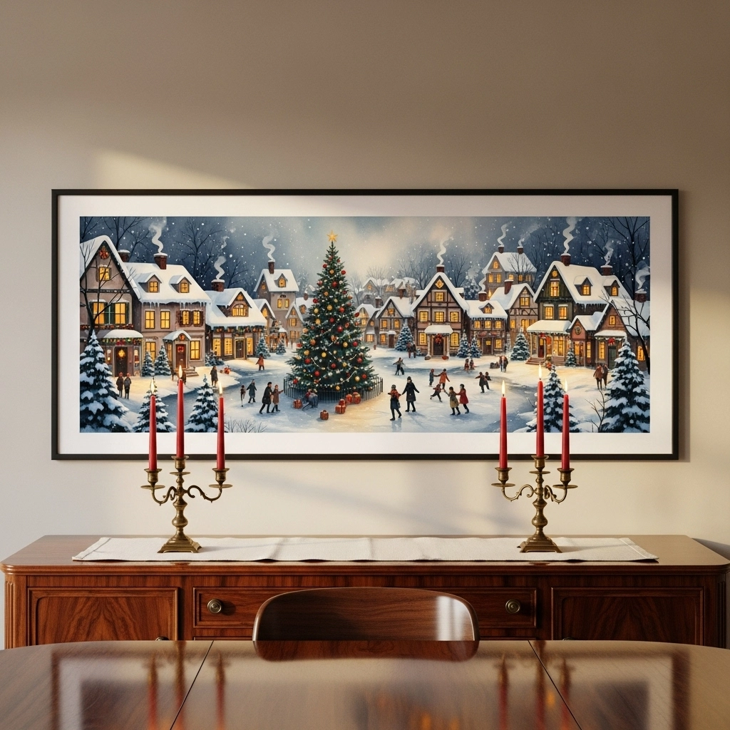 Cozy Christmas Village Watercolor Panorama Printable